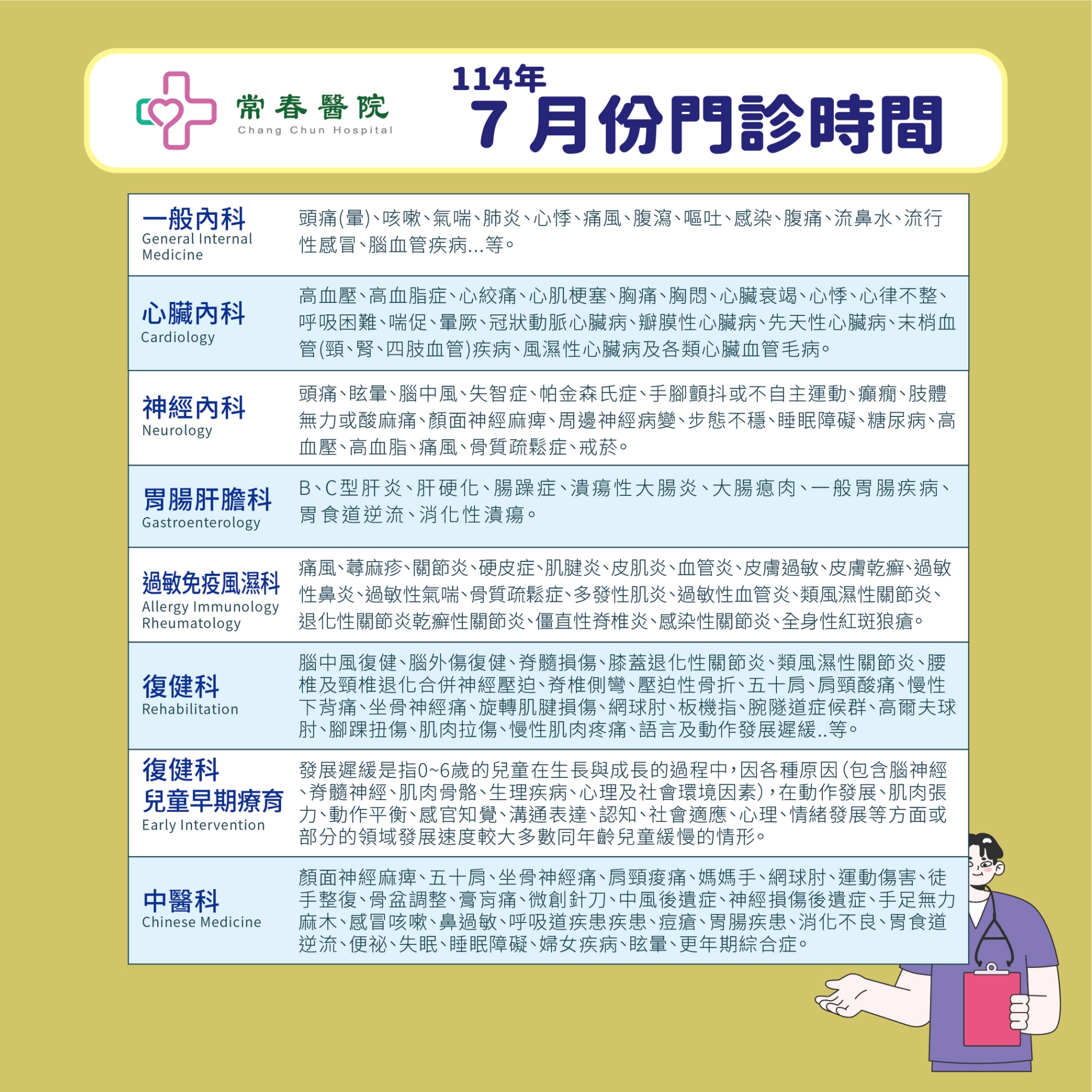 常春門診表114年07月份